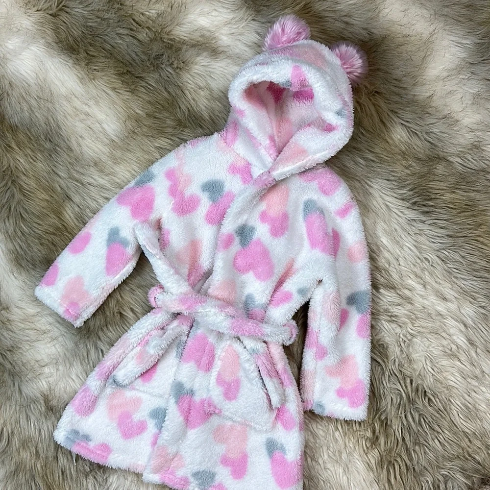 Laura Ashley Girls Plush Heart Robe Pom Pom Hood Belt 4T